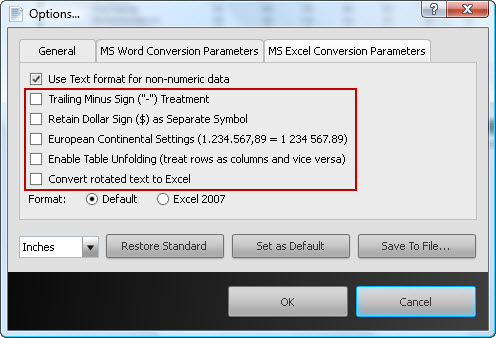 PDF to Excel Conversion Parameters