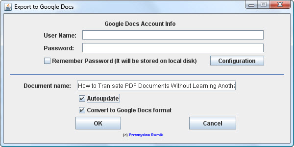 Entering GoogleDocs Credentials