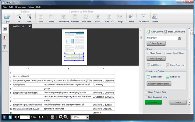 Able2Extract Excel Preview Panel