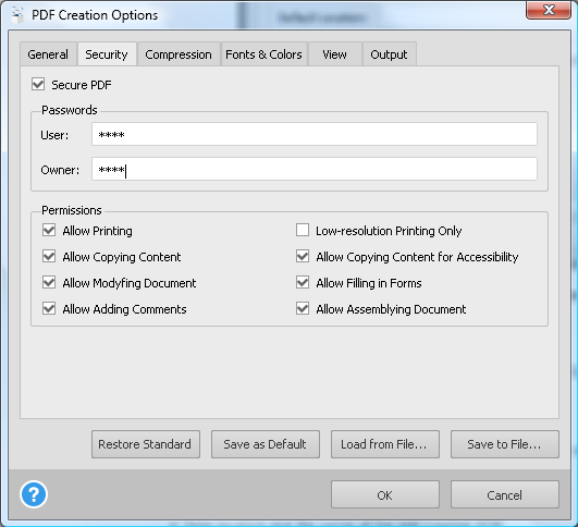 Selecting PDF Security Options