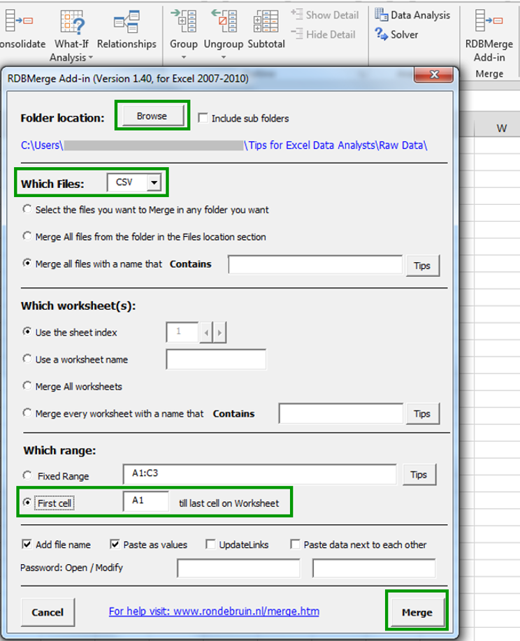 Selecting Excel RDBMerge Options