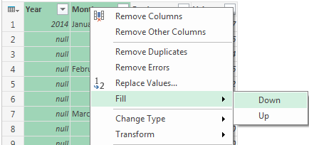 Selecting PowerQuery Fill Option