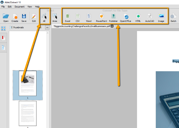 Selecting Able2Extract Conversion Selection Options