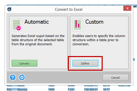 Selecting Custom Excel Conversion Option