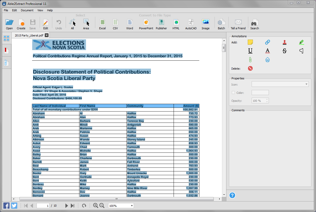 Selecting PDF tables