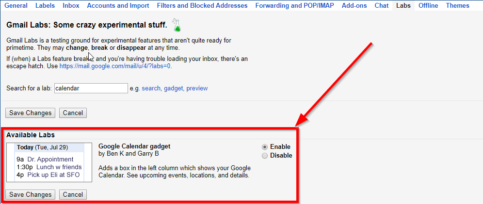 Enabling Google calendar gadget in gmail