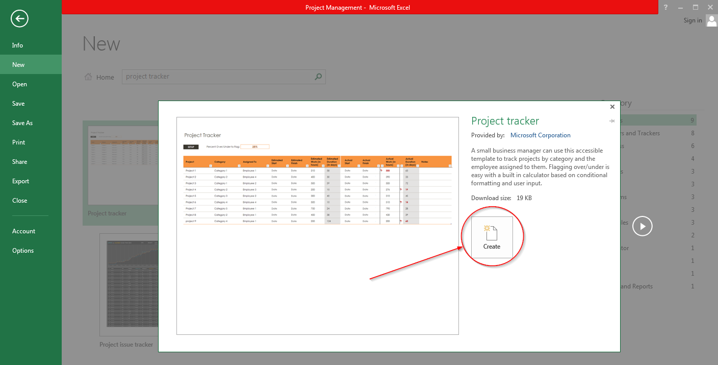 Excel template preview window