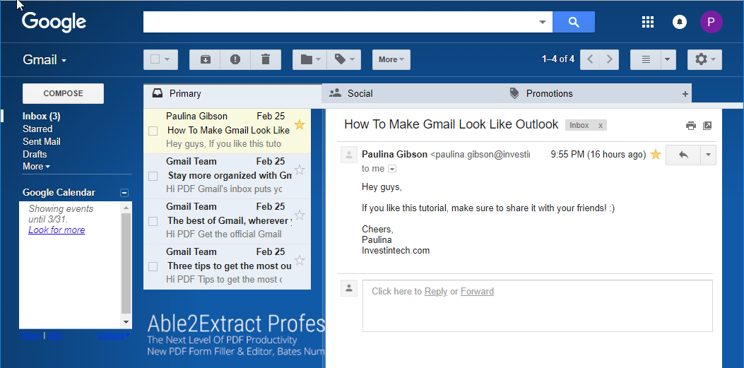 Gmail inbox modified to look like Outlook