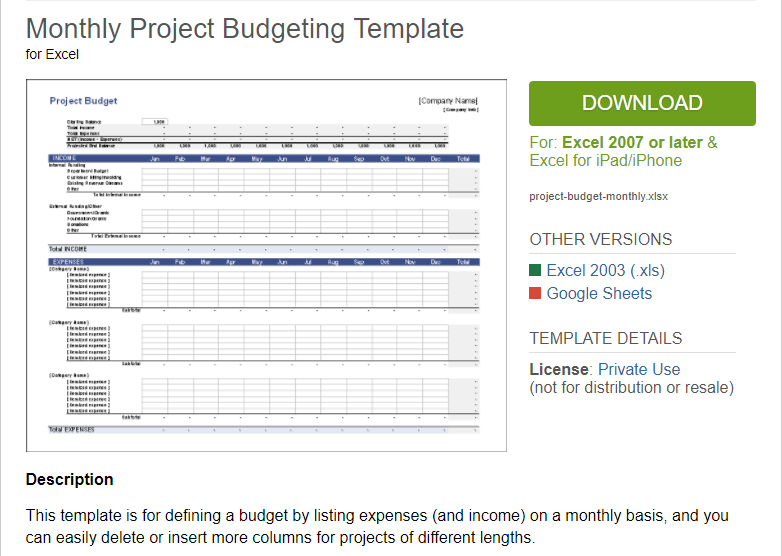 Excel template description