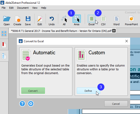 Selecting Define Custom PDF to Excel