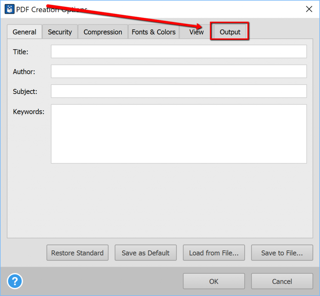 PDF Creation Options Dialog