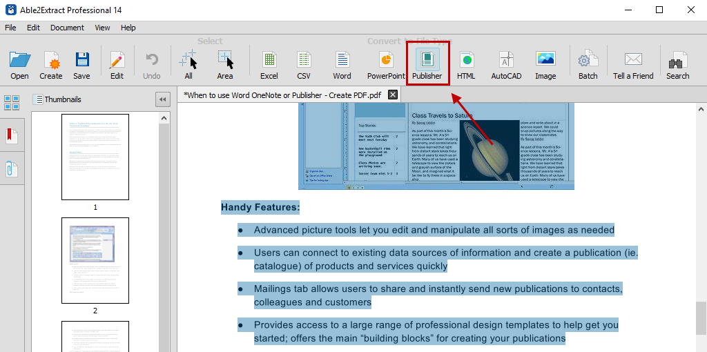 Converting PDF content to MS Publisher using Able2Extract PDF Converter