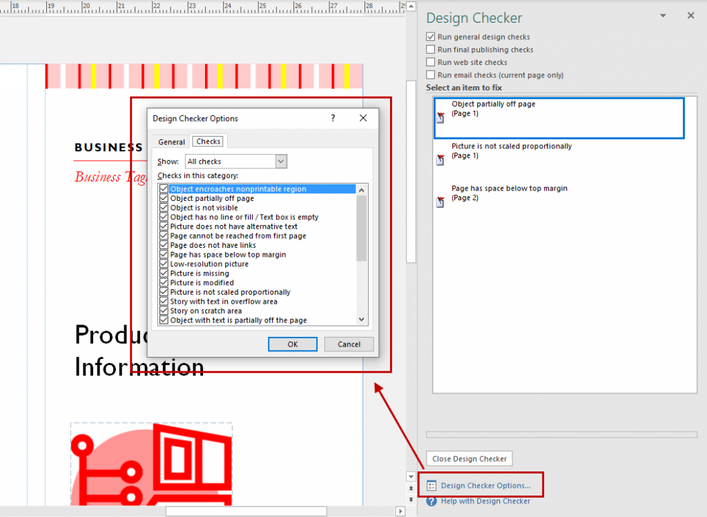 List of options available in Microsoft Publisher