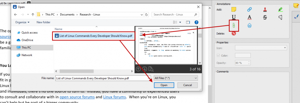 Attaching a file to PDF