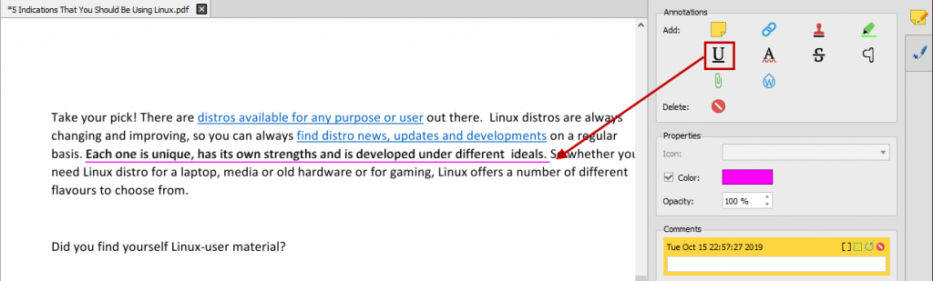 Underlining PDF notes and information
