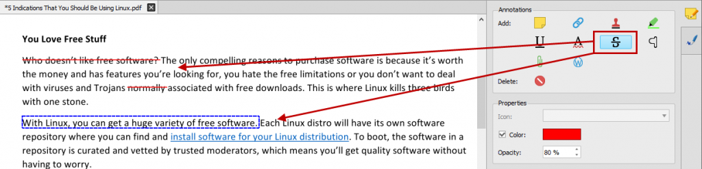 Adding a strikeout markup to PDF text