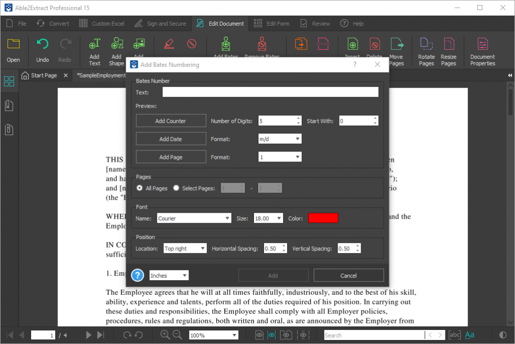 Customizing Bates Numbering